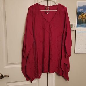 Johnny Was Fuschia Pink Purple Eyelet Tunic Top w/ Flowers Size XL